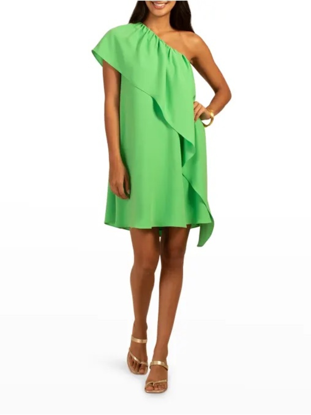 Trina Turk Satisfied Pleated Dress - Bright Green One-Shoulder Ruffle Dress